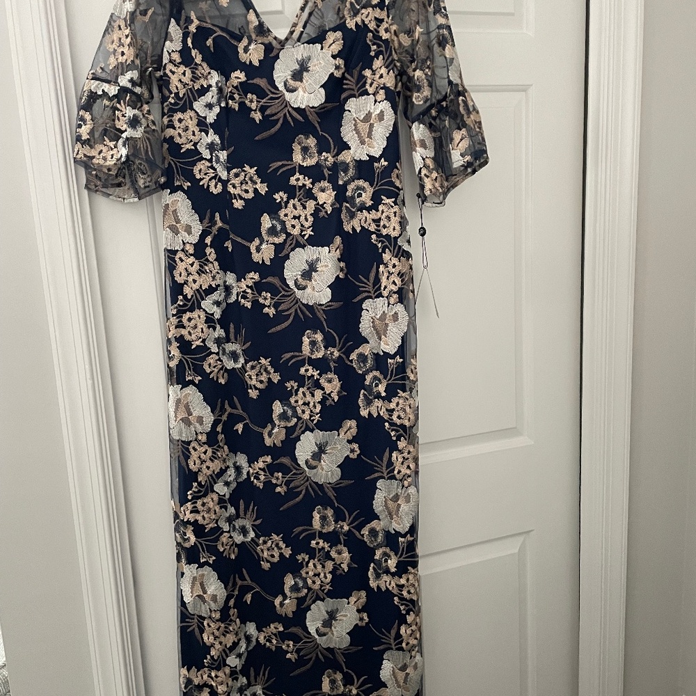 Adrianna Papell Embroidered Column Gown, Size 12, Navy/Ivory